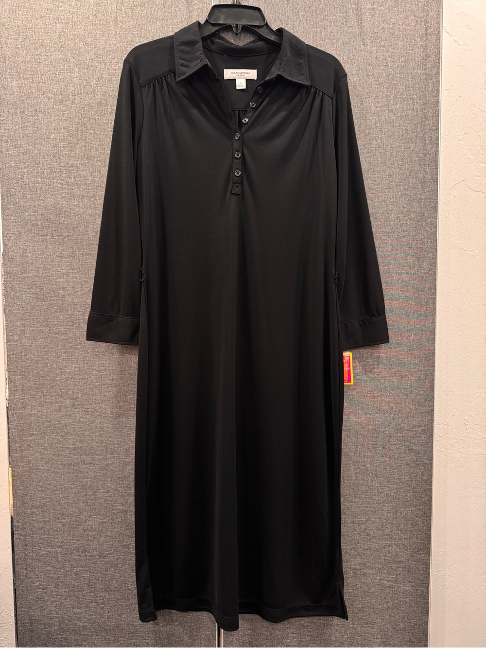 Isaac Mizrahi Black Collared Button-Front Midi Shirt Dress